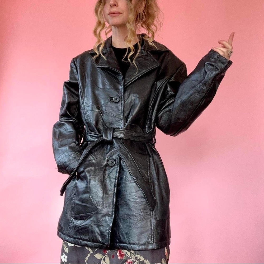 Black Patchwork 90s Leather Jacket - image 6